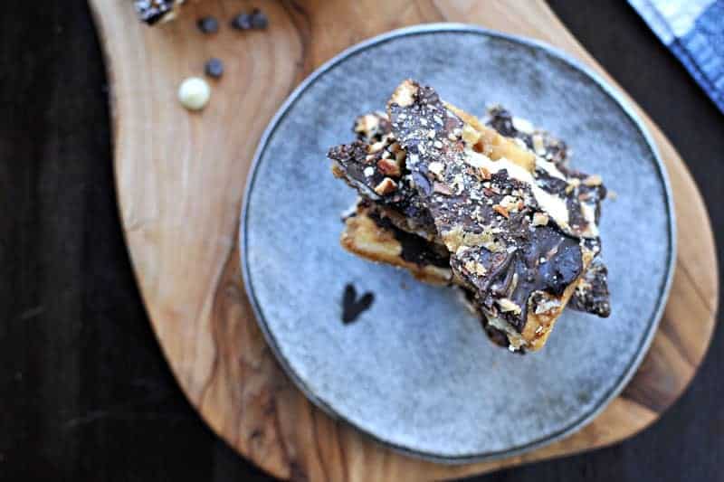 Salted Double Chocolate Cracker Crack (Saltine Toffee) with Roasted Almonds | via thepigandquill.com #recipe #sweets #candy #chocolate