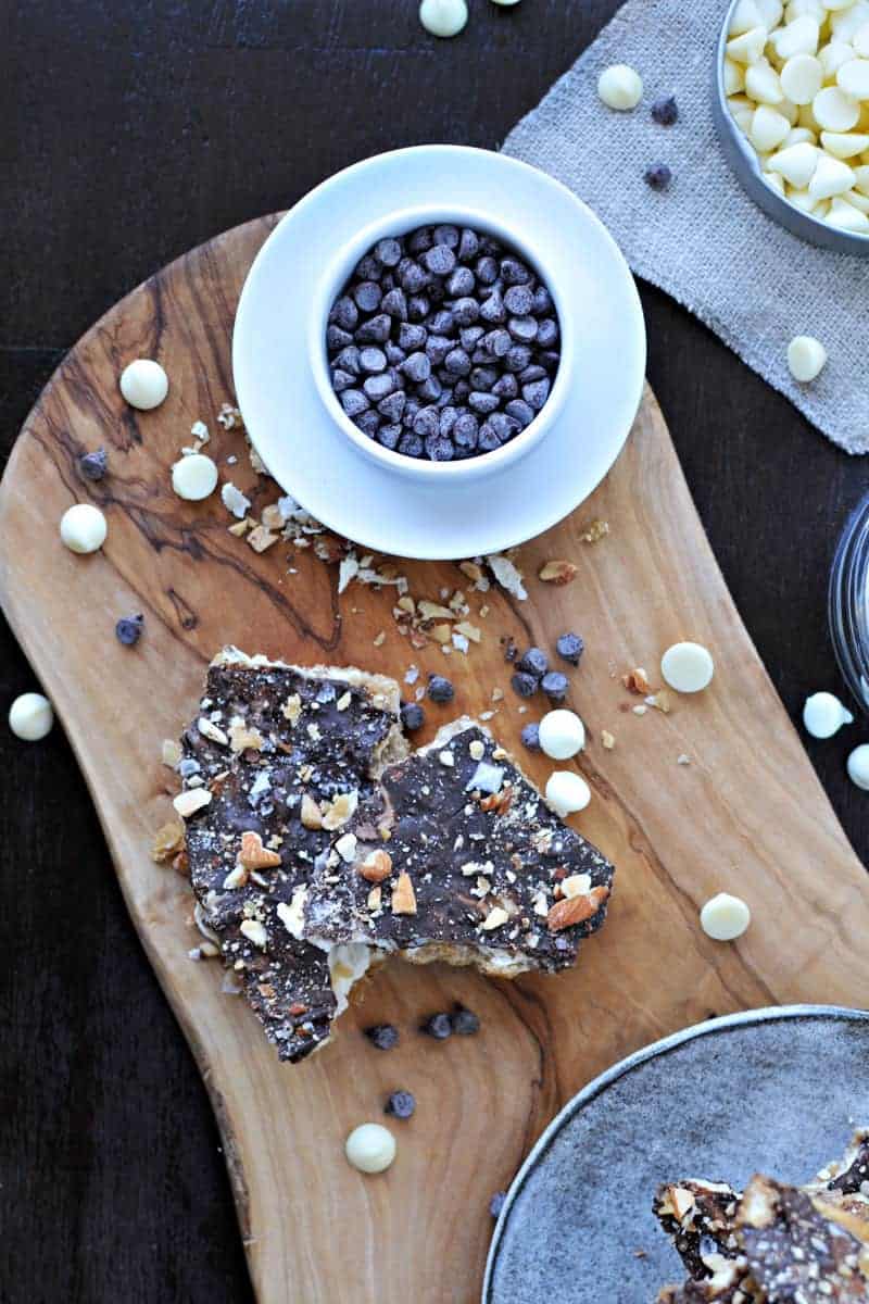 Salted Double Chocolate Cracker Crack (Saltine Toffee) with Roasted Almonds | via thepigandquill.com #recipe #sweets #candy #chocolate