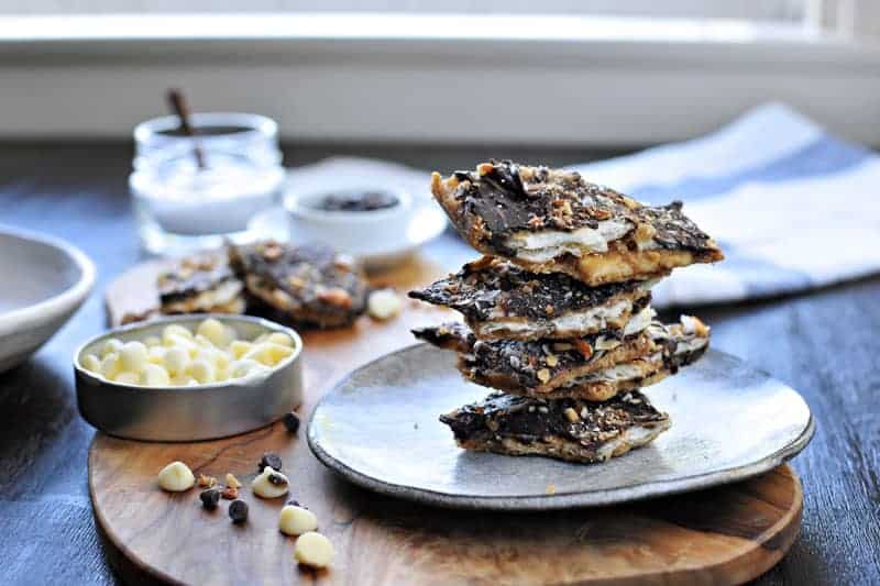 Salted Double Chocolate Cracker Crack (Saltine Toffee) with Roasted Almonds | via thepigandquill.com #recipe #sweets #candy #chocolate