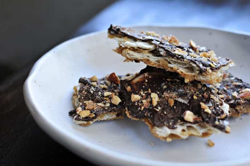 Salted Double Chocolate Cracker Crack (Saltine Toffee) with Roasted Almonds | via thepigandquill.com #recipe #sweets #candy #chocolate