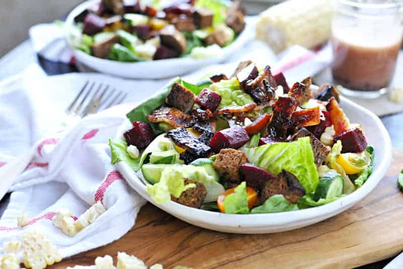 Ultimate Summer BLT Bowls - with BBQ bacon, sweet corn, pickled beets, rye croutons, raspberry-dijon dressing and more! (via thepigandquill.com) | #salad #summer #bacon #blt