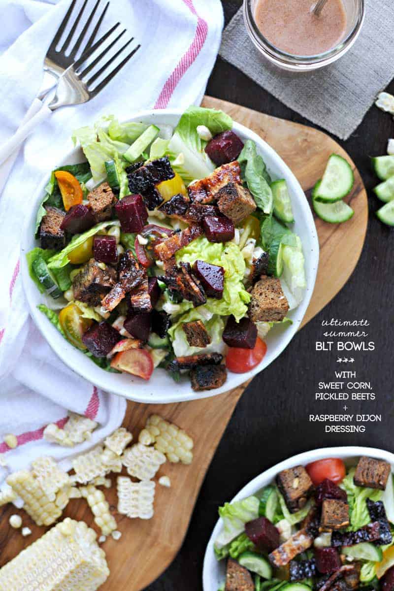 Ultimate Summer BLT Bowls - with BBQ bacon, sweet corn, pickled beets, rye croutons, raspberry-dijon dressing and more! (via thepigandquill.com) | #salad #summer #bacon #blt