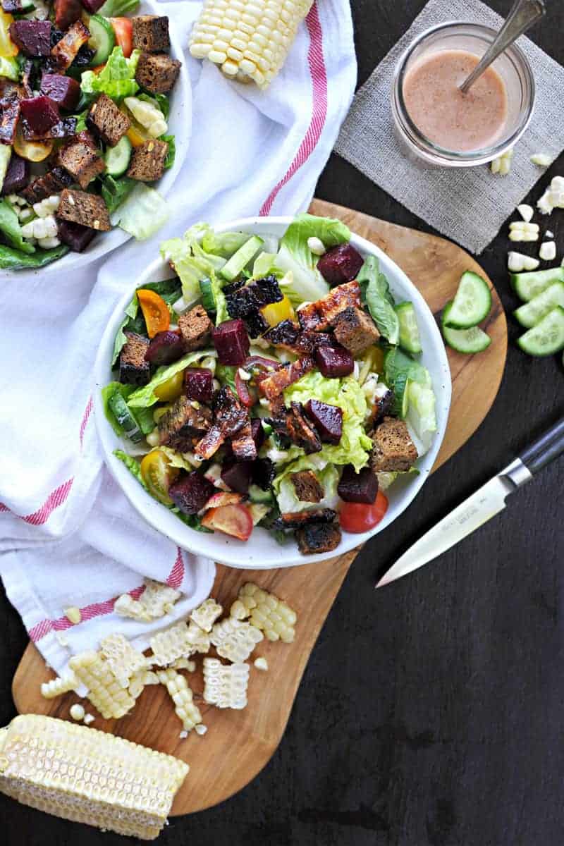 Ultimate Summer BLT Bowls - with BBQ bacon, sweet corn, pickled beets, rye croutons, raspberry-dijon dressing and more! (via thepigandquill.com) | #salad #summer #bacon #blt