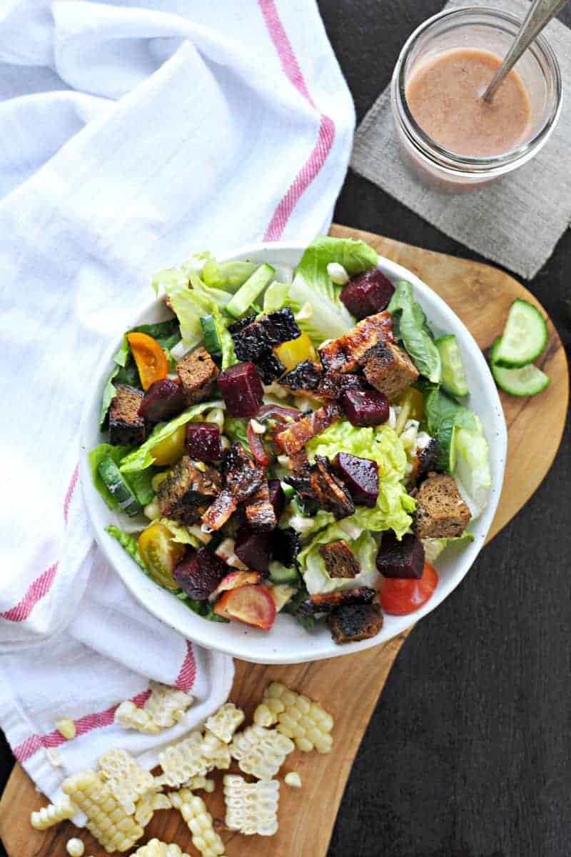 Ultimate Summer BLT Bowls - with BBQ bacon, sweet corn, pickled beets, rye croutons, raspberry-dijon dressing and more! (via thepigandquill.com) | #salad #summer #bacon #blt