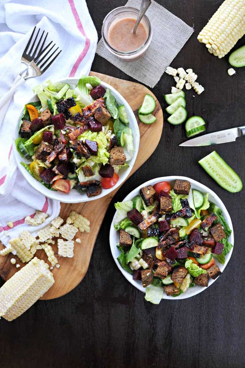 Ultimate Summer BLT Bowls - with BBQ bacon, sweet corn, pickled beets, rye croutons, raspberry-dijon dressing and more! (via thepigandquill.com) | #salad #summer #bacon #blt