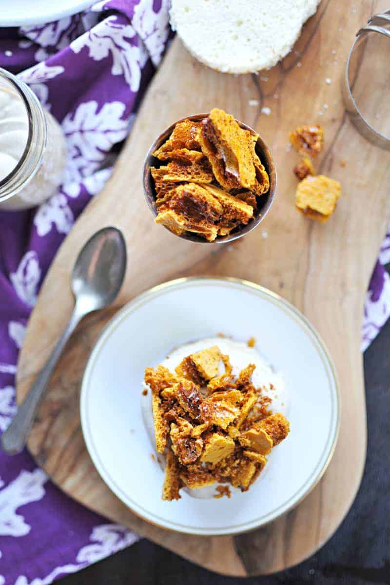 Mini Coffee Crunch Cakes recipe (via thepigandquill.com) Chiffon cake layered with coffee coconut cream coffee crunch honeycomb | #cake #coffee #recipe #desserts #dairyfree 