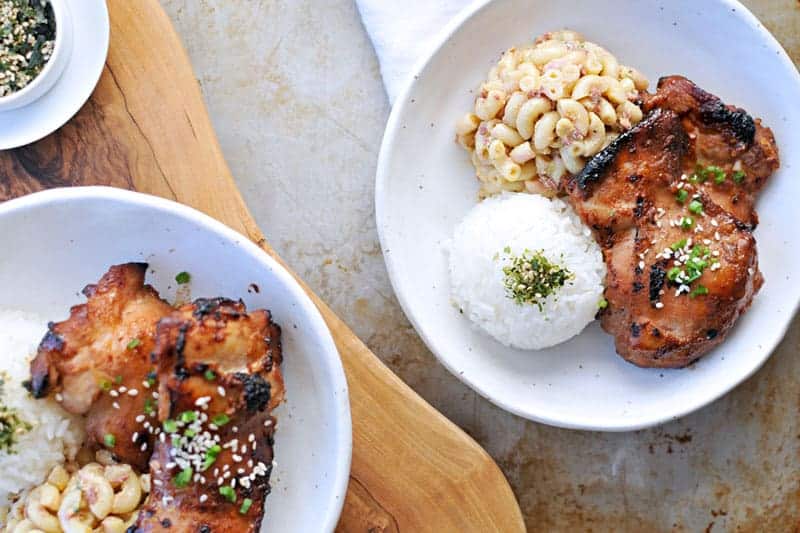 charbroiled shoyu chicken + curried mac salad lunch plate recipe (via thepigandquill.com) 