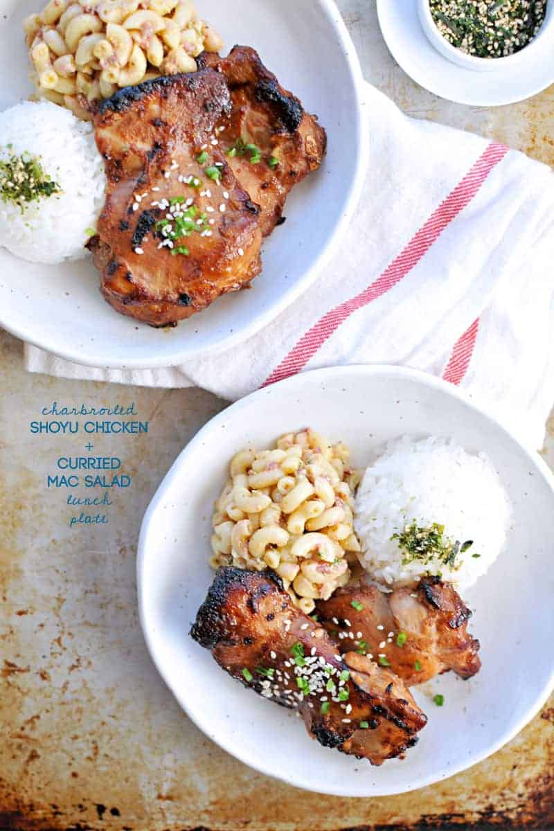 charbroiled shoyu chicken + curried mac salad lunch plate recipe (via thepigandquill.com) 