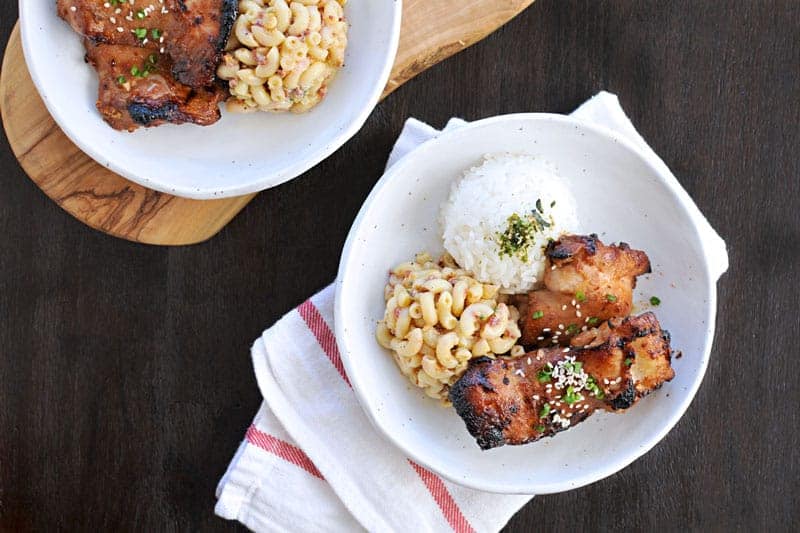 charbroiled shoyu chicken + curried mac salad lunch plate recipe (via thepigandquill.com) 