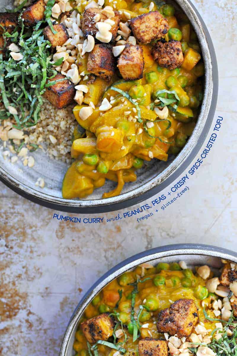 pumpkin curry with peanuts, peas + crispy spice-crusted tofu recipe (via thepigandquill.com) #fall #glutenfree #vegan #dinner