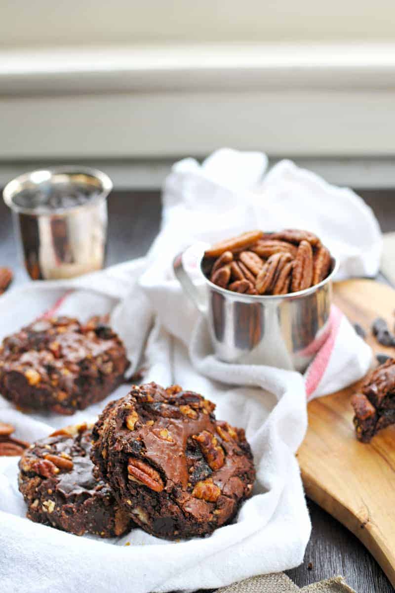 olive oil brownies with candied bacon + pecans (via thepigandquill.com) #chocolate #baking #dairyfree