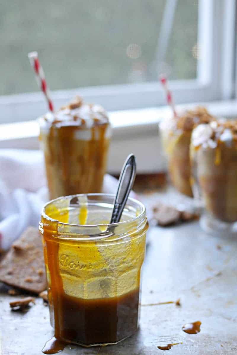 pumpkin pie milkshakes with pumpkin spice caramel and maple whip recipe (via thepigandquill.com) #fall #dessert #dairyfree 