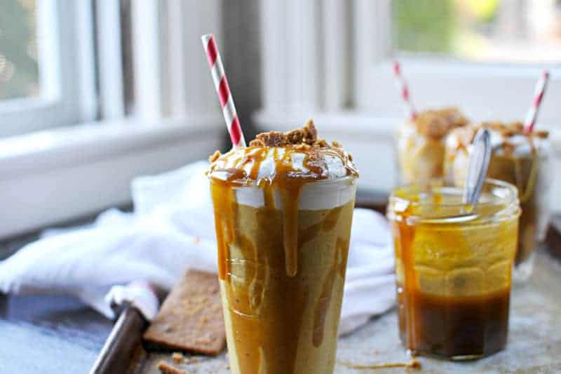 pumpkin pie milkshakes with pumpkin spice caramel and maple whip recipe (via thepigandquill.com) #fall #dessert #dairyfree 