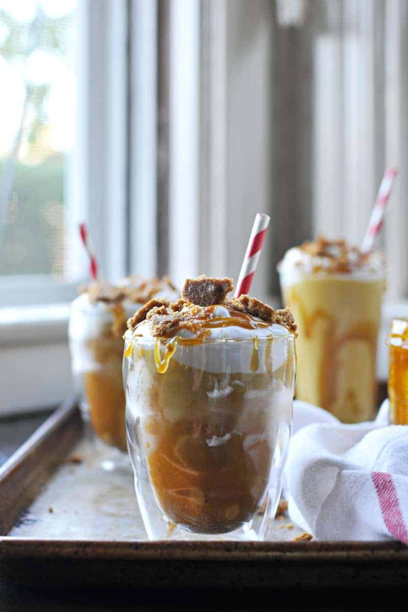 pumpkin pie milkshakes with pumpkin spice caramel and maple whip recipe (via thepigandquill.com) #fall #dessert #dairyfree 