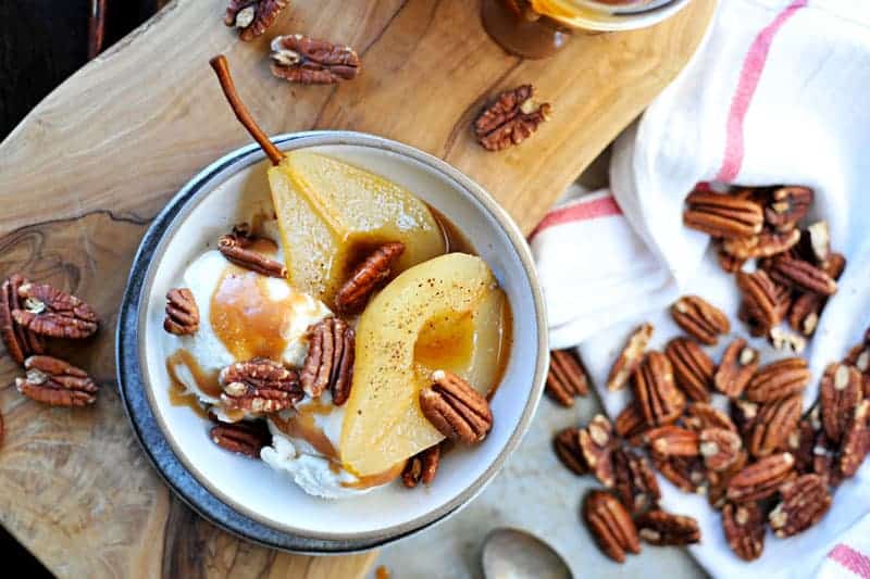 Cider Poached Pears with Apple Cider Caramel + Toasted Pecans recipe (via thepigandquill.com) #vegan #sweets #dessert #caramel #fall