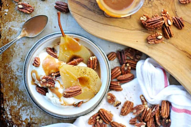 Cider Poached Pears with Apple Cider Caramel + Toasted Pecans recipe (via thepigandquill.com) #vegan #sweets #dessert #caramel #fall