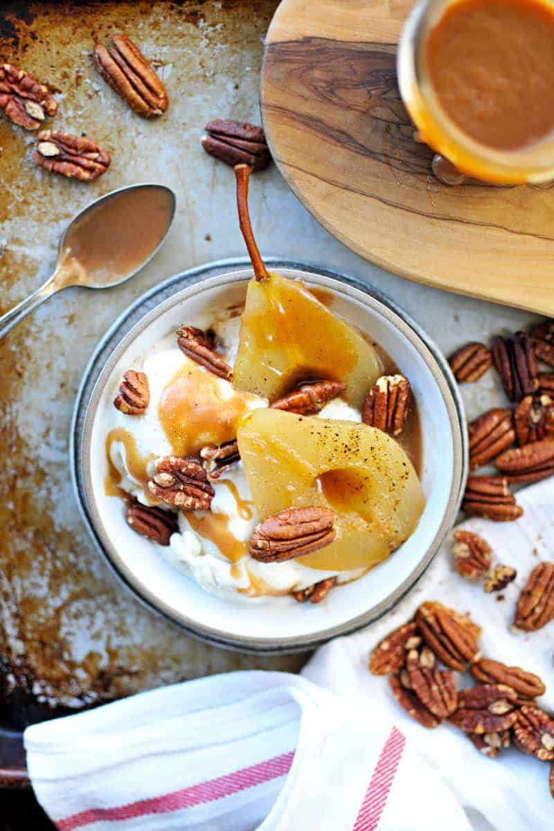 Cider Poached Pears with Apple Cider Caramel + Toasted Pecans recipe (via thepigandquill.com) #vegan #sweets #dessert #caramel #fall