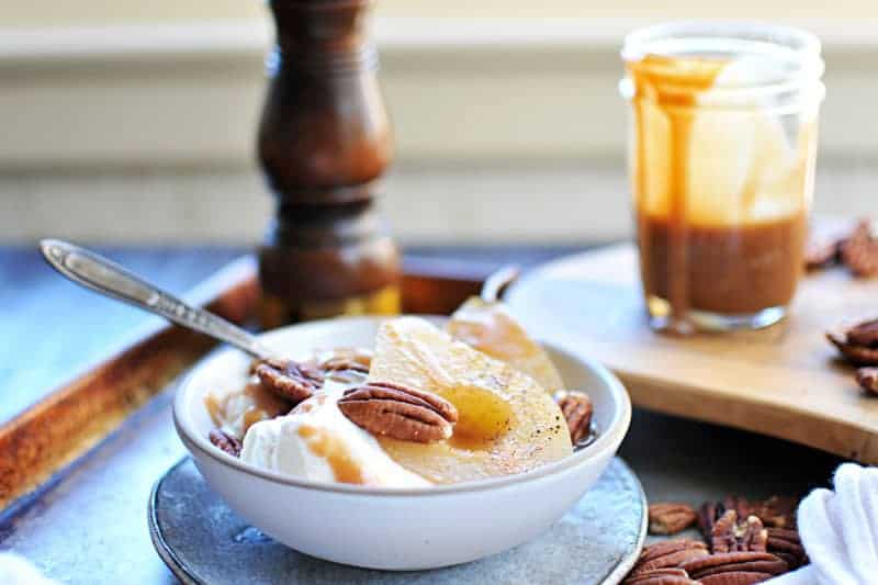 Cider Poached Pears with Apple Cider Caramel + Toasted Pecans recipe (via thepigandquill.com) #vegan #sweets #dessert #caramel #fall