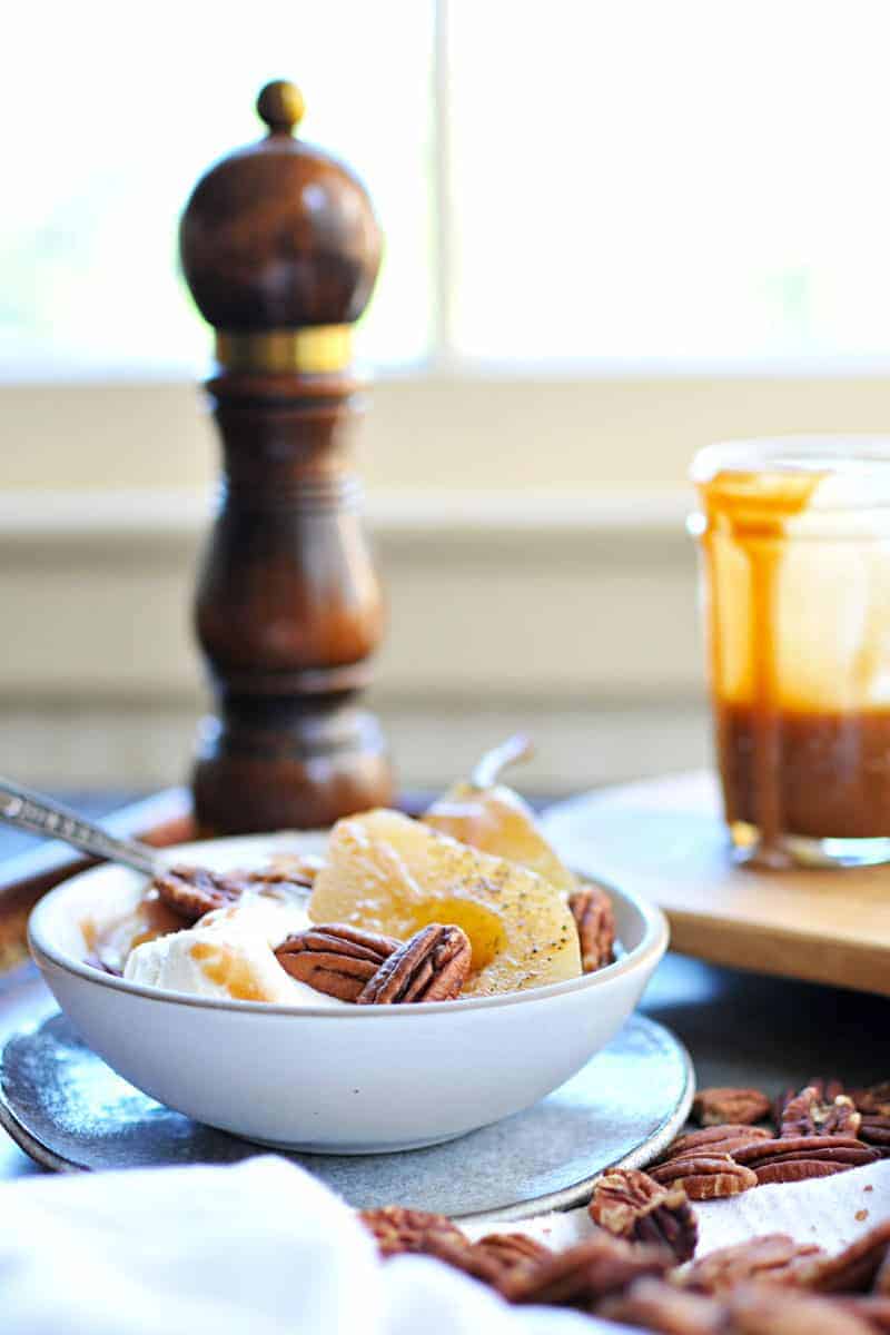 Cider Poached Pears with Apple Cider Caramel + Toasted Pecans recipe (via thepigandquill.com) #vegan #sweets #dessert #caramel #fall