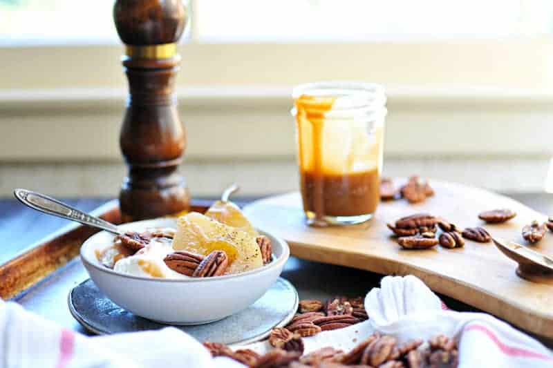 Cider Poached Pears with Apple Cider Caramel + Toasted Pecans recipe (via thepigandquill.com) #vegan #sweets #dessert #caramel #fall