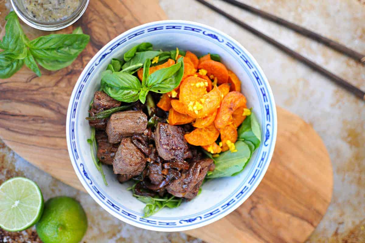 Vietnamese Shaking Beef with Gingered Sweet Potatoes recipe (via thepigandquill.com) // #grainfree #paleo