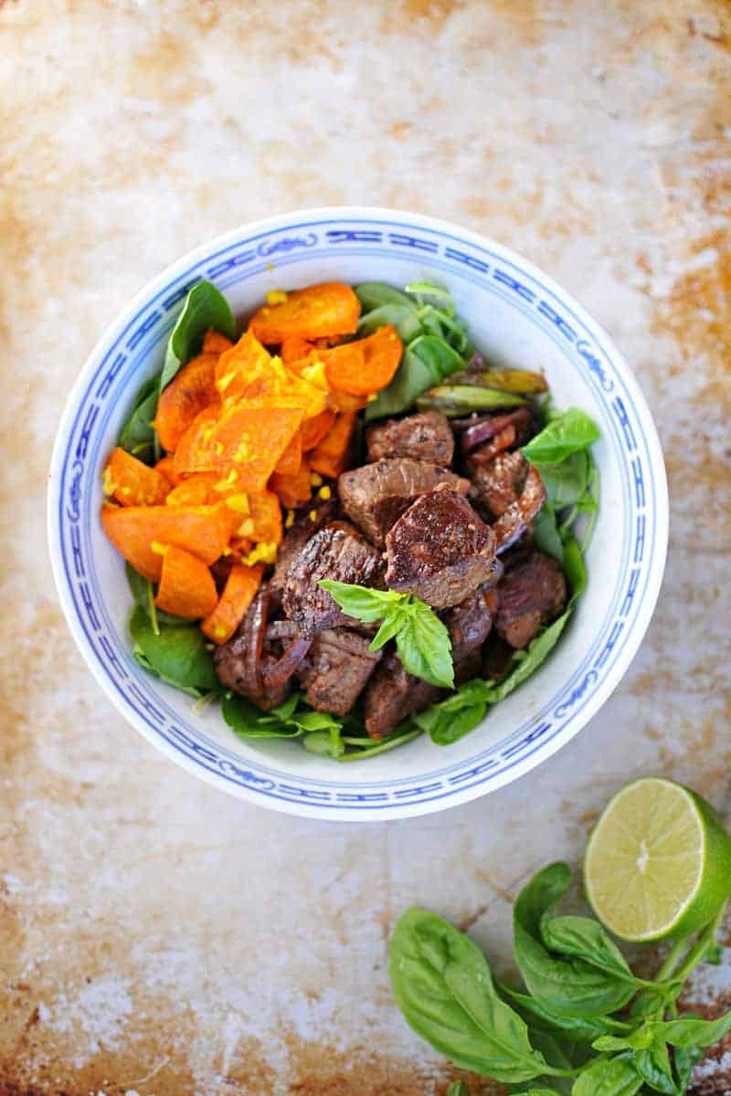 Vietnamese Shaking Beef with Gingered Sweet Potatoes recipe (via thepigandquill.com) // #grainfree #paleo