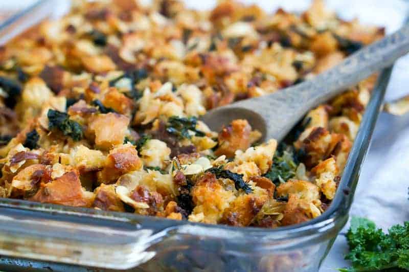 Sourdough Stuffing with Kale, Almonds + Grand Marnier Apricots recipe (via thepigandquill.com) #thanksgiving #vegetarian #vegan
