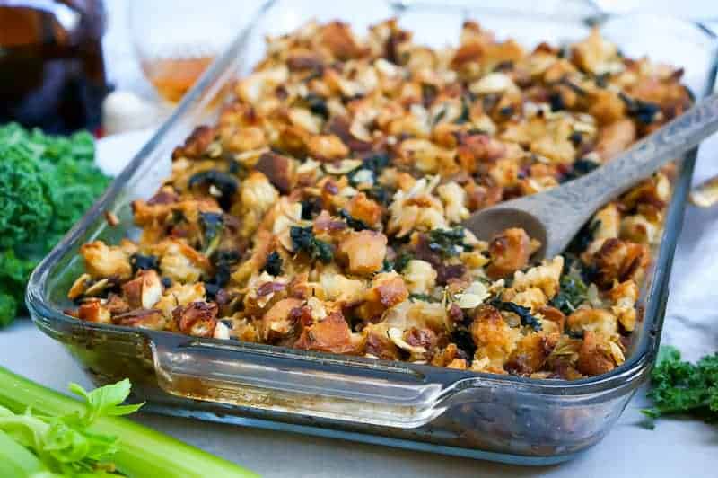 Sourdough Stuffing with Kale, Almonds + Grand Marnier Apricots recipe (via thepigandquill.com) #thanksgiving #vegetarian #vegan