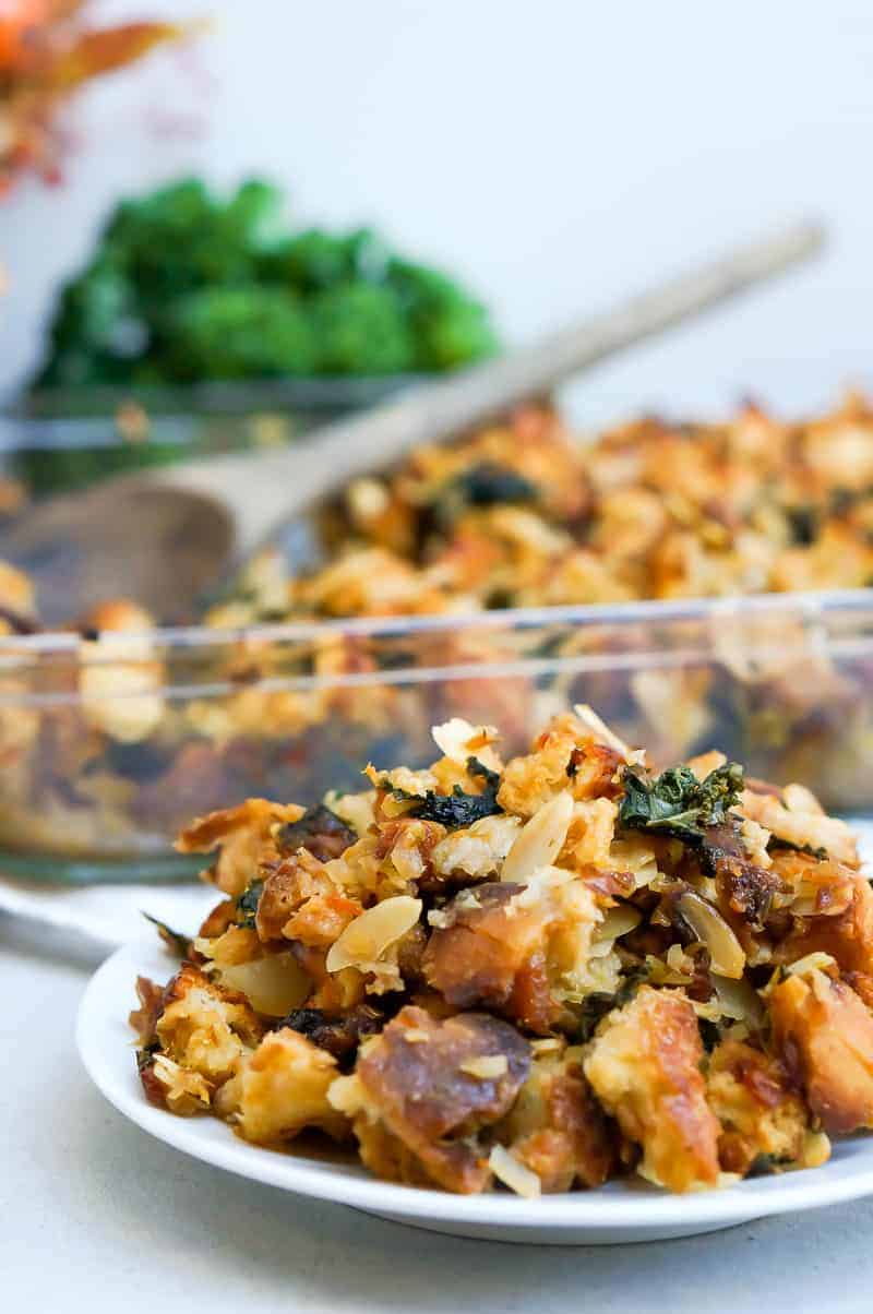 Sourdough Stuffing with Kale, Almonds + Grand Marnier Apricots recipe (via thepigandquill.com) #thanksgiving #vegetarian #vegan