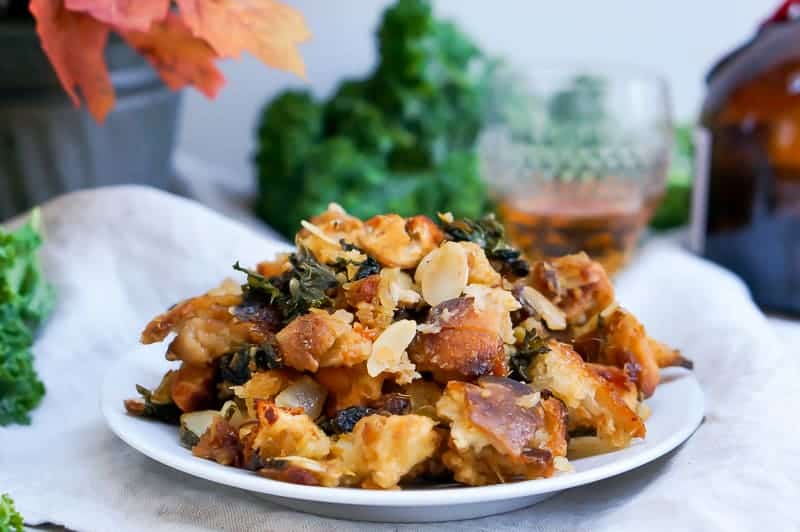 Sourdough Stuffing with Kale, Almonds + Grand Marnier Apricots recipe (via thepigandquill.com) #thanksgiving #vegetarian #vegan