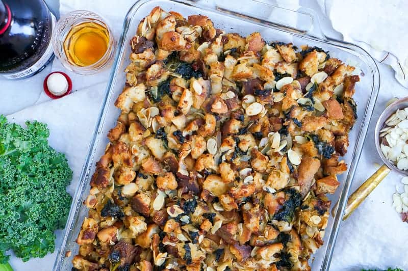 Sourdough Stuffing with Kale, Almonds + Grand Marnier Apricots recipe (via thepigandquill.com) #thanksgiving #vegetarian #vegan