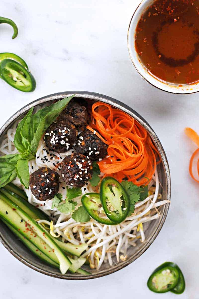 Vietnamese Meatball Bún with Honey-Aleppo Nuoc Cham recipe (via thepigandquill.com) #dairyfree #glutenfree #dinner