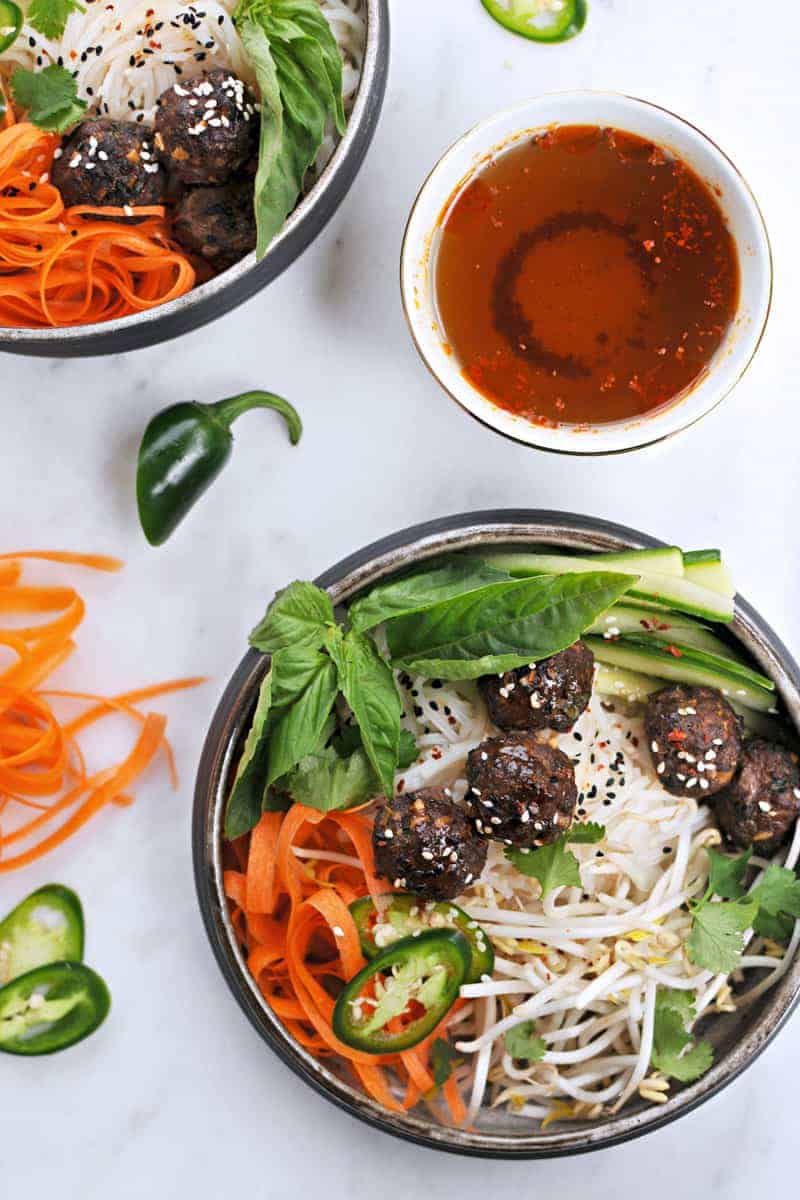 Vietnamese Meatball Bún with Honey-Aleppo Nuoc Cham recipe (via thepigandquill.com) #dairyfree #glutenfree #dinner