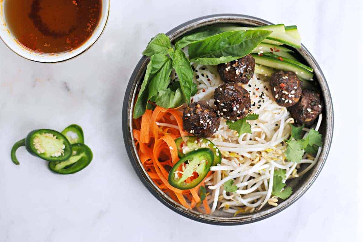 Vietnamese Meatball Bún with Honey-Aleppo Nuoc Cham recipe (via thepigandquill.com) #dairyfree #glutenfree #dinner