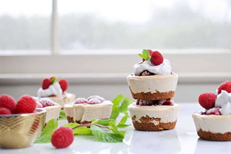 Mini PB+J No-Bake Cheesecakes with Gingersnap Crust recipe (via thepigandquill.com) #dairyfree #vegan #glutenfree #cheesecake #dessert 