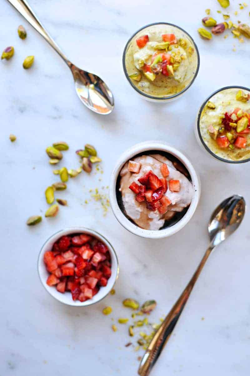 Honeyed Pistachio and Balsamic-Roasted Strawberry Coconut Mousse recipe (via thepigandquill.com) #dairyfree #dessert #refinedsugarfree