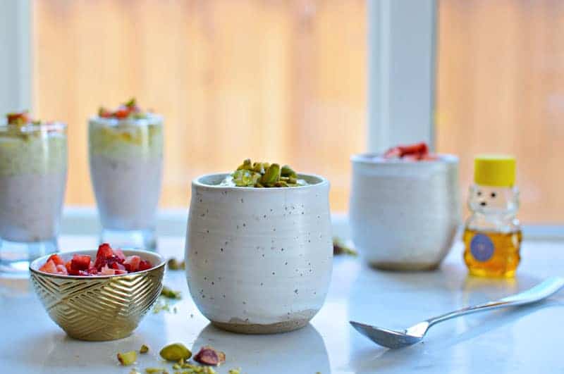 Honeyed Pistachio and Balsamic-Roasted Strawberry Coconut Mousse recipe (via thepigandquill.com) #dairyfree #dessert #refinedsugarfree