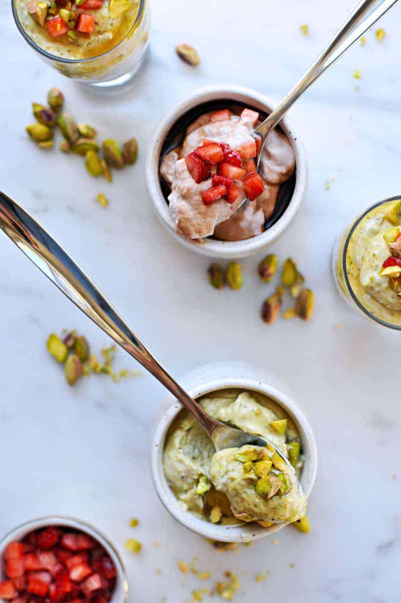 Honeyed Pistachio and Balsamic-Roasted Strawberry Coconut Mousse recipe (via thepigandquill.com) #dairyfree #dessert #refinedsugarfree