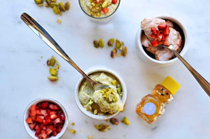 Honeyed Pistachio and Balsamic-Roasted Strawberry Coconut Mousse recipe (via thepigandquill.com) #dairyfree #dessert #refinedsugarfree