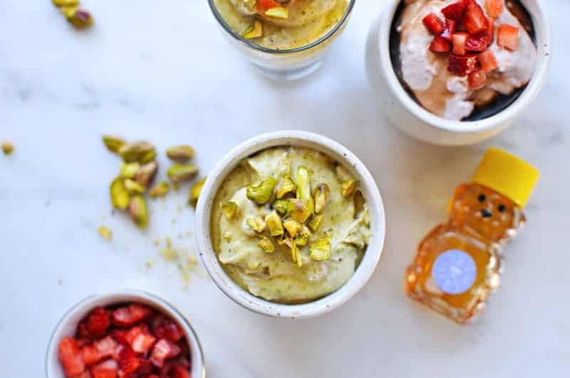 Honeyed Pistachio and Balsamic-Roasted Strawberry Coconut Mousse recipe (via thepigandquill.com) #dairyfree #dessert #refinedsugarfree