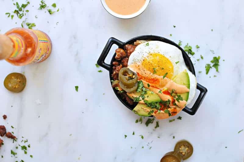 Simple Chorizo Hash and Eggs with Smoked Paprika Mayo recipe (via thepigandquill.com) #cincodemayo #brunch 