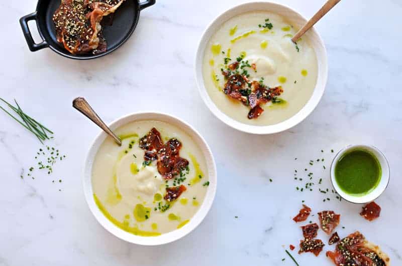 Creamy White Miso + Cauliflower Soup with Candied Furikake Prosciutto + Garlic Chive Oil recipe (via thepigandquill.com) #glutenfree #spring 