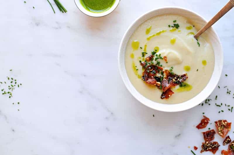 Creamy White Miso + Cauliflower Soup with Candied Furikake Prosciutto + Garlic Chive Oil recipe (via thepigandquill.com) #glutenfree #spring 