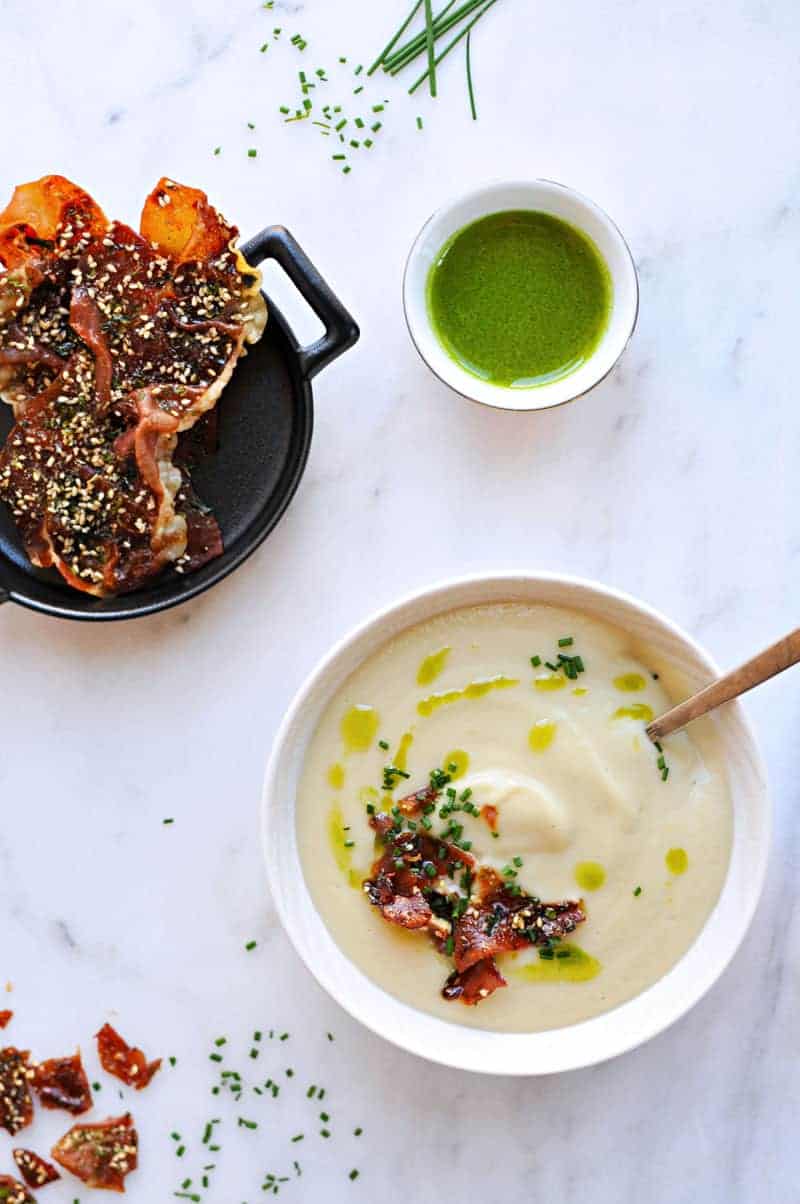 Creamy White Miso + Cauliflower Soup with Candied Furikake Prosciutto + Garlic Chive Oil recipe (via thepigandquill.com) #glutenfree #spring 