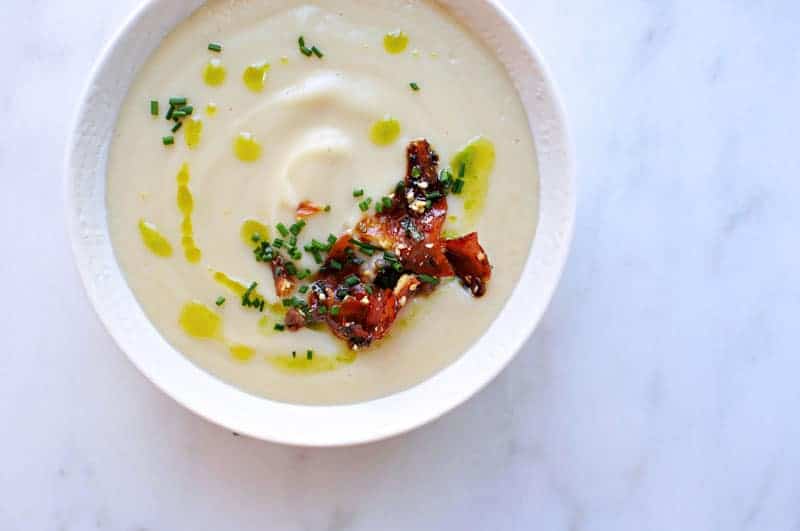 Creamy White Miso + Cauliflower Soup with Candied Furikake Prosciutto + Garlic Chive Oil recipe (via thepigandquill.com) #glutenfree #spring 