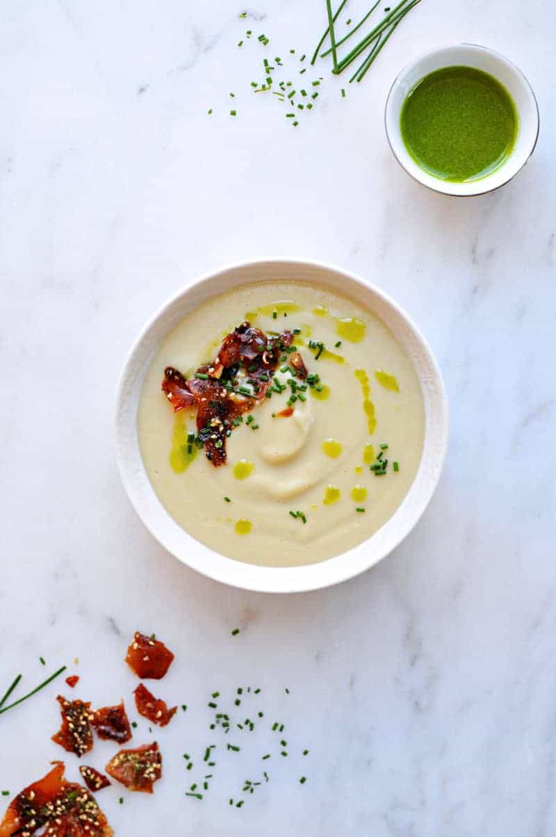 Creamy White Miso + Cauliflower Soup with Candied Furikake Prosciutto + Garlic Chive Oil recipe (via thepigandquill.com) #glutenfree #spring 