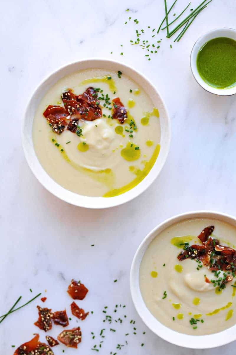 Creamy White Miso + Cauliflower Soup with Candied Furikake Prosciutto + Garlic Chive Oil recipe (via thepigandquill.com) #glutenfree #spring 
