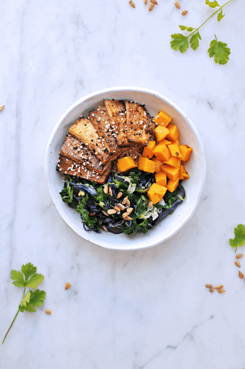 Sesame Balsamic Tofu Bowls with Chile Mango + Sunflower-Cilantro Pesto recipe from @thepigandquill | thepigandquill.com | #vegan #dairyfree #glutenfree