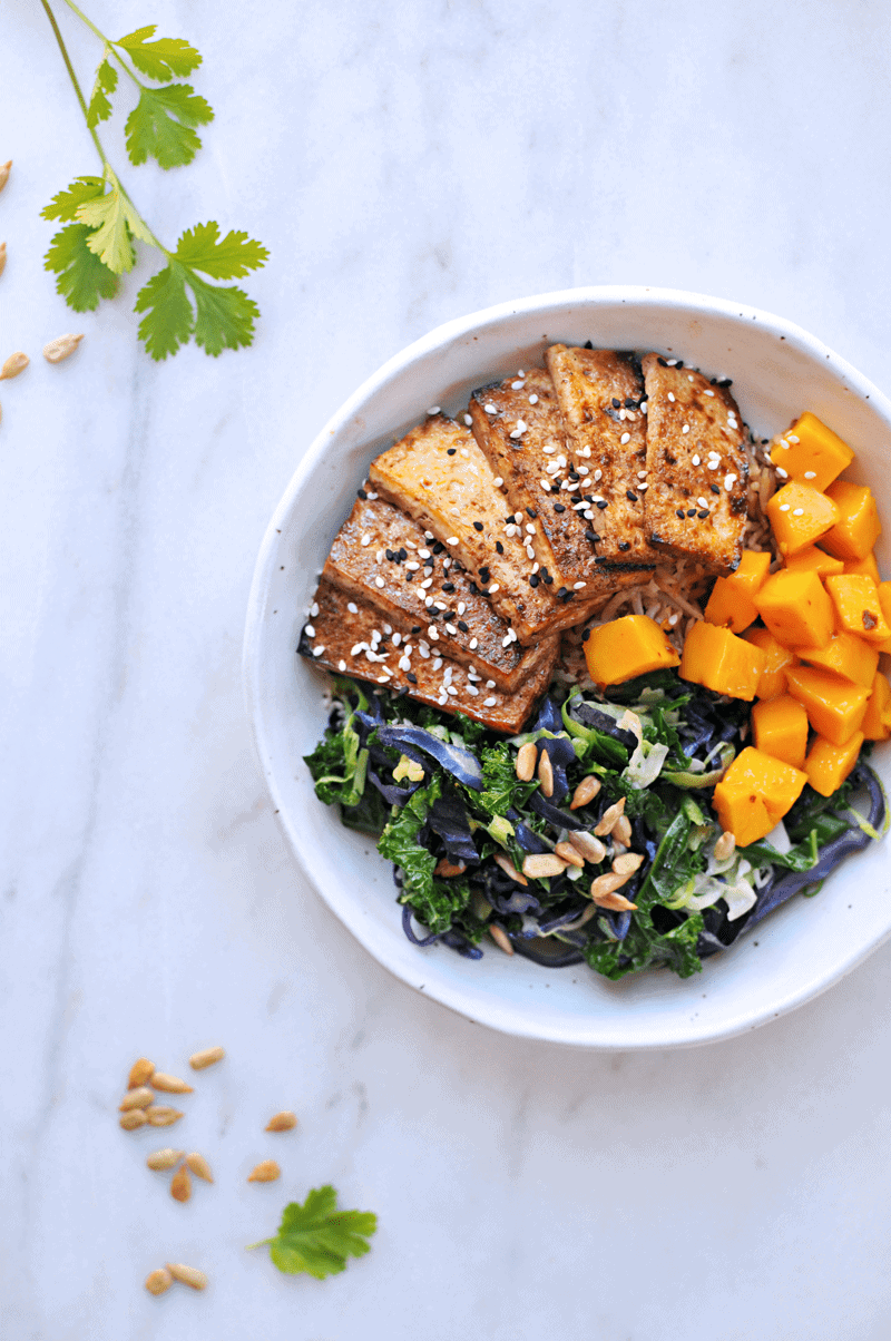 Sesame Balsamic Tofu Bowls with Chile Mango + Sunflower-Cilantro Pesto recipe from @thepigandquill | thepigandquill.com | #vegan #dairyfree #glutenfree