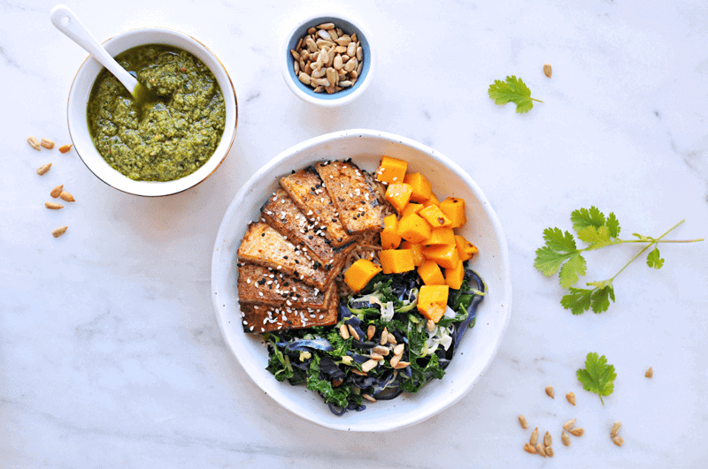 Sesame Balsamic Tofu Bowls with Chile Mango + Sunflower-Cilantro Pesto recipe from @thepigandquill | thepigandquill.com | #vegan #dairyfree #glutenfree